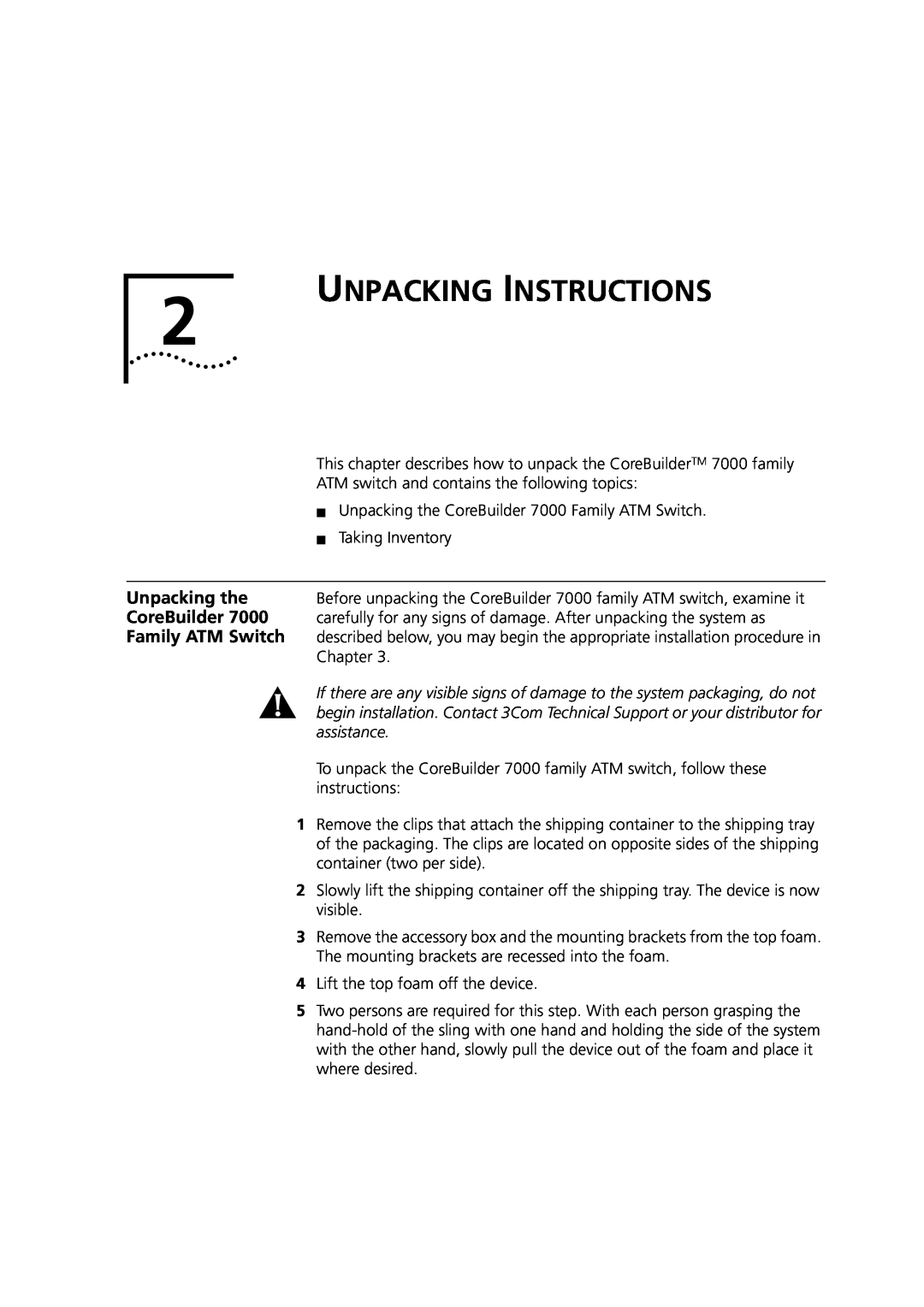 3Com DUA3700-0BAA04 manual Unpacking Instructions, Unpacking the, assistance, CoreBuilder, Family ATM Switch 