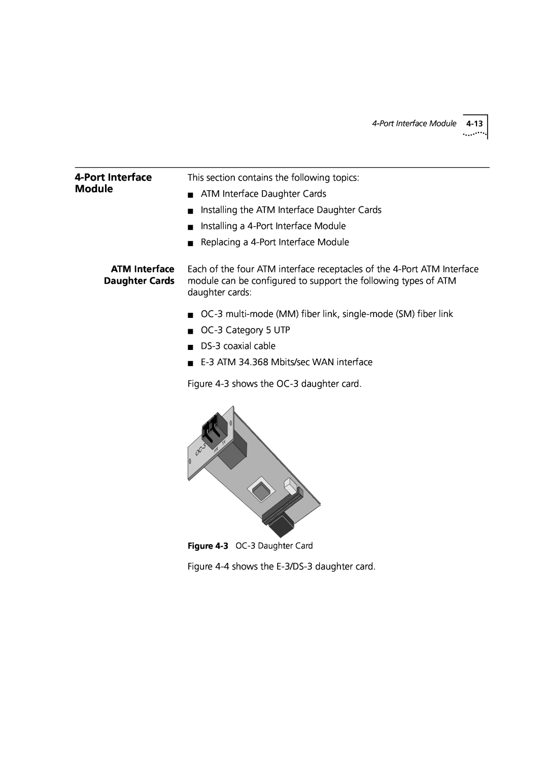 3Com DUA3700-0BAA04 manual Port Interface Module, ATM Interface Daughter Cards 