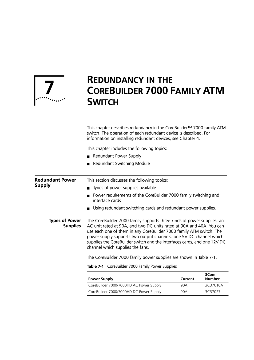3Com DUA3700-0BAA04 manual REDUNDANCY IN THE 7 COREBUILDER 7000 FAMILY ATM SWITCH, Redundant Power Supply 