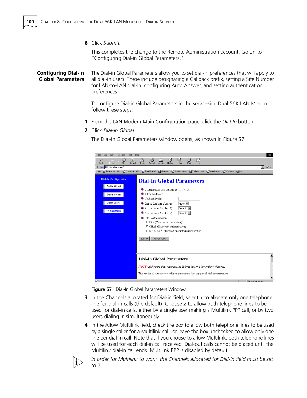 3Com Dual 56K manual Click Dial-in Global, Dial-In Global Parameters window opens, as shown in Figure 