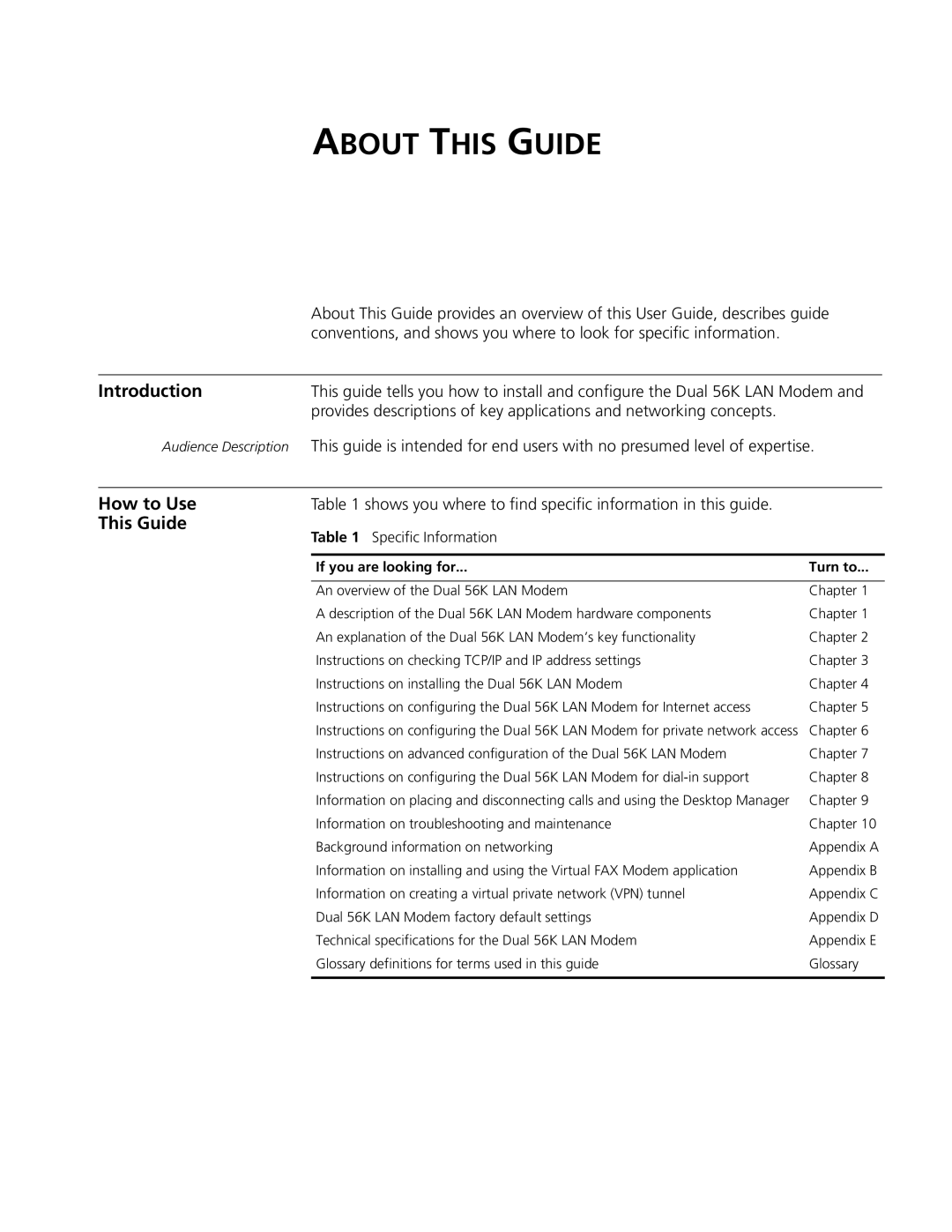 3Com Dual 56K manual About this Guide, Shows you where to ﬁnd speciﬁc information in this guide 