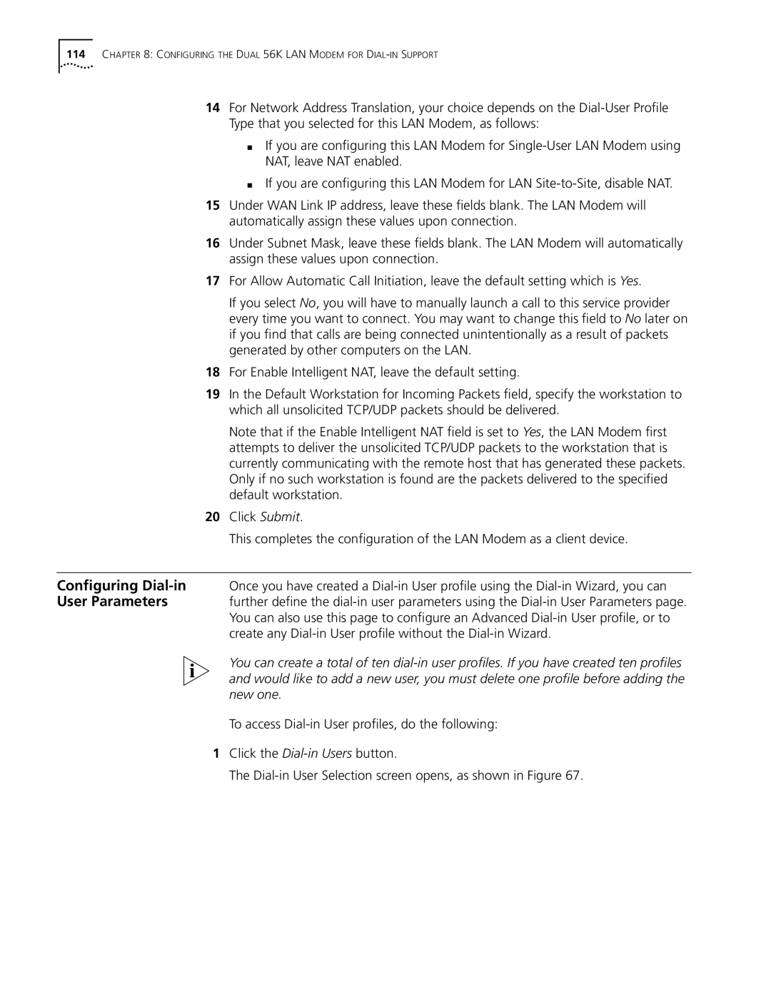 3Com manual Configuring the Dual 56K LAN Modem for DIAL-IN Support 