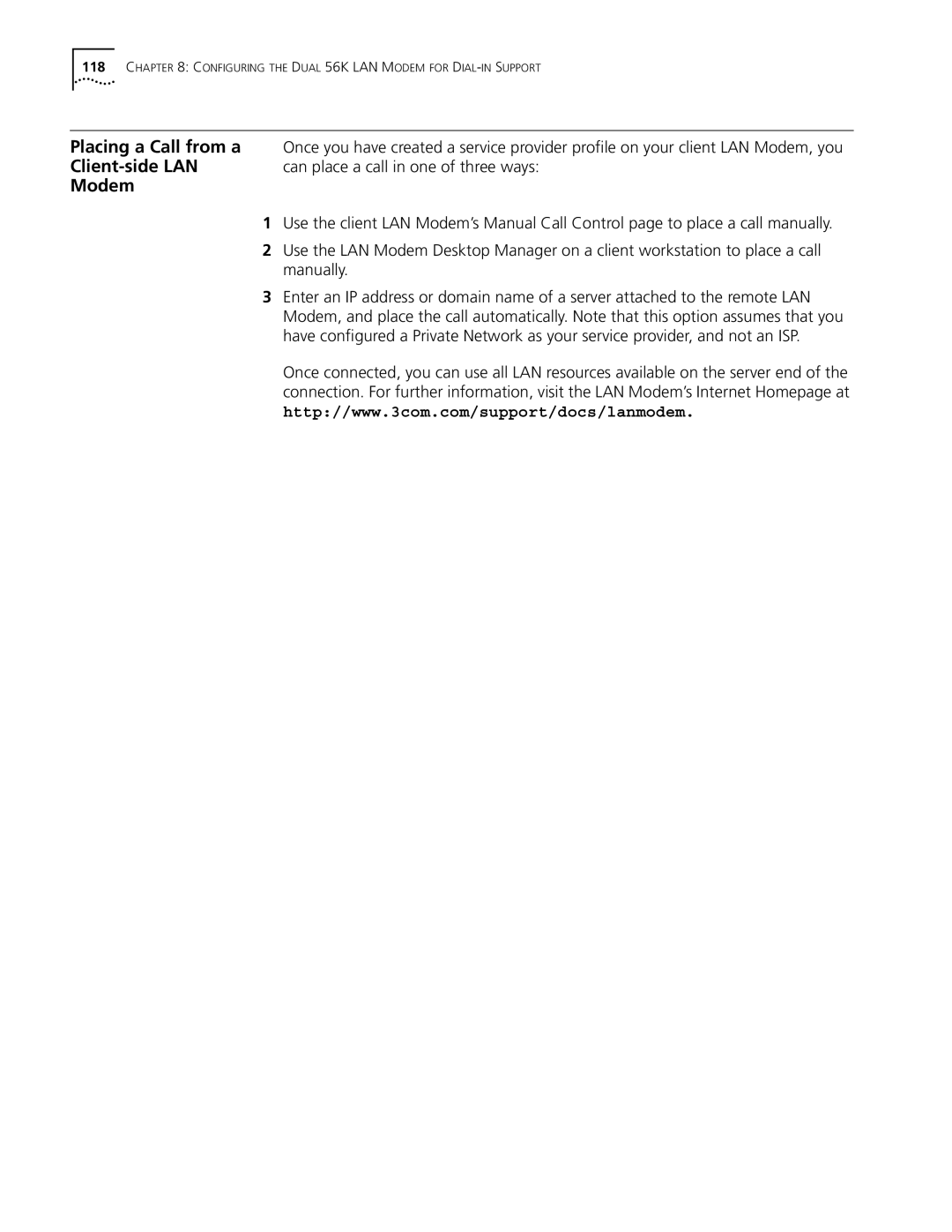 3Com Dual 56K manual Placing a Call from a Client-side LAN Modem 