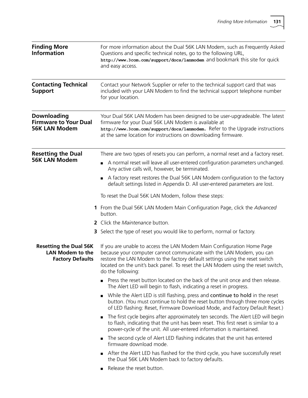 3Com Dual 56K Finding More, Information, Contacting Technical, Support, Downloading, Firmware to Your Dual, 56K LAN Modem 