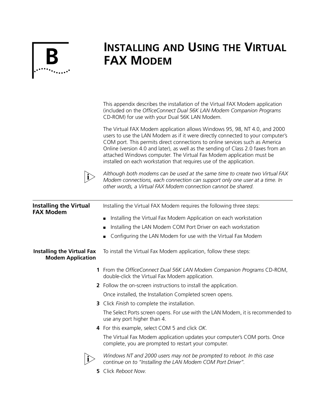 3Com Dual 56K manual Installing and Using the Virtual, FAX Modem, Modem Application 