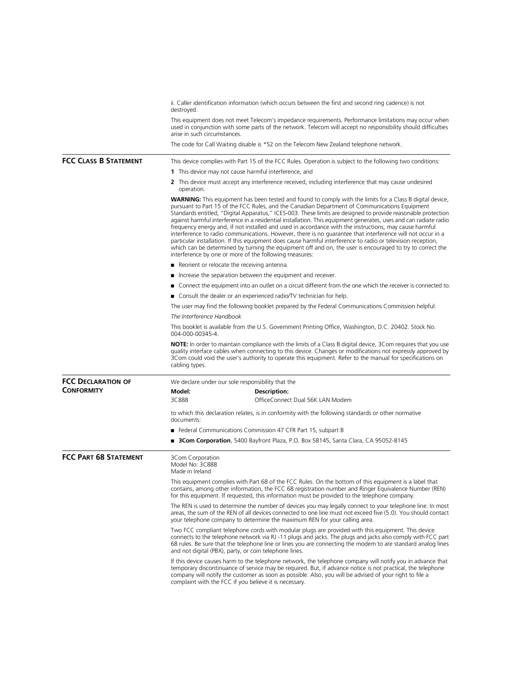 3Com Dual 56K manual FCC Declaration 