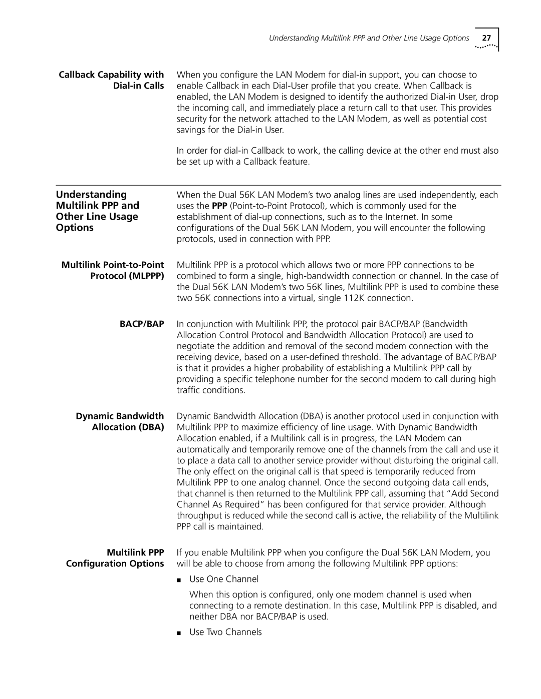 3Com Dual 56K manual Understanding, Multilink PPP, Other Line Usage, Options 