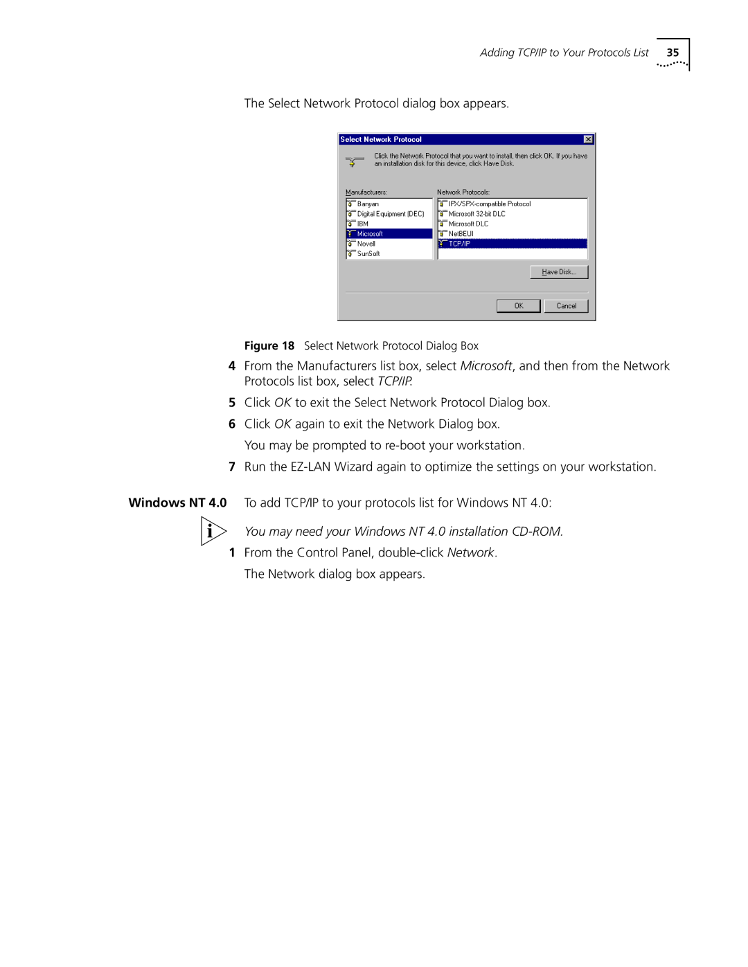 3Com Dual 56K manual Select Network Protocol dialog box appears, You may need your Windows NT 4.0 installation CD-ROM 