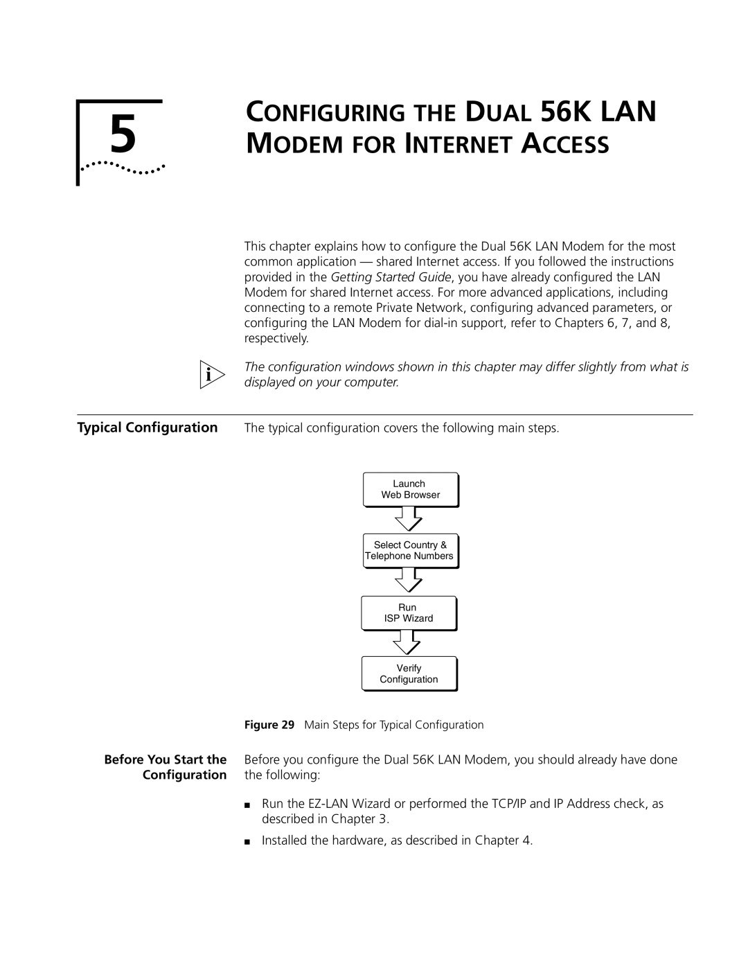 3Com manual Configuring the Dual 56K LAN Modem for Internet Access, Main Steps for Typical Conﬁguration 