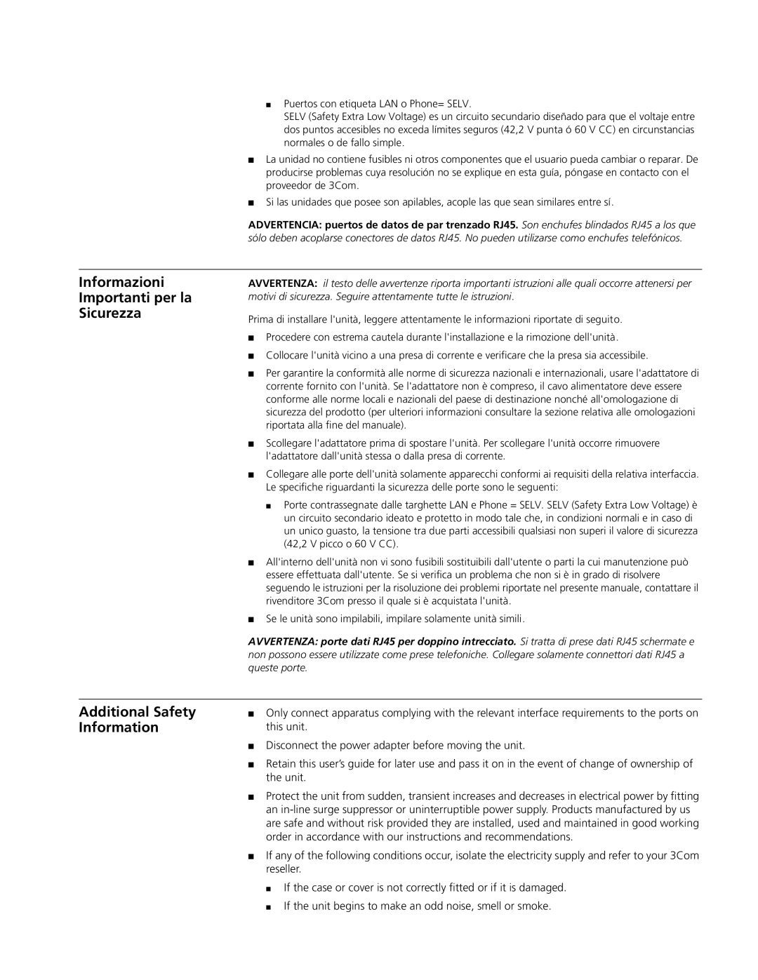 3Com Dual 56K manual Informazioni Importanti per la Sicurezza, Additional Safety Information 