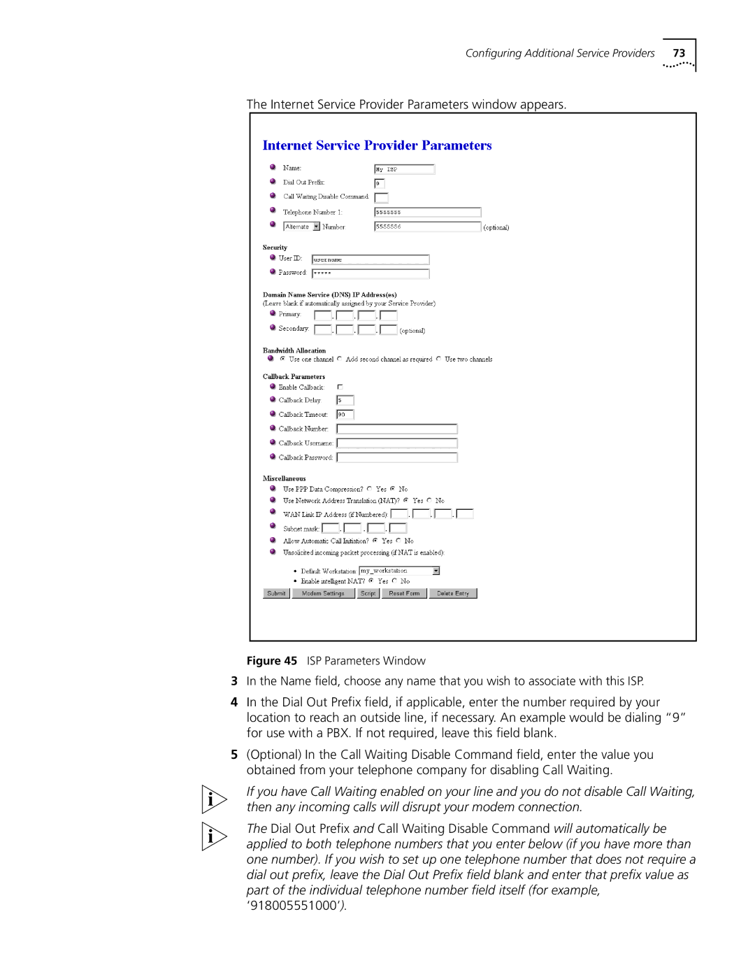 3Com Dual 56K manual Internet Service Provider Parameters window appears 