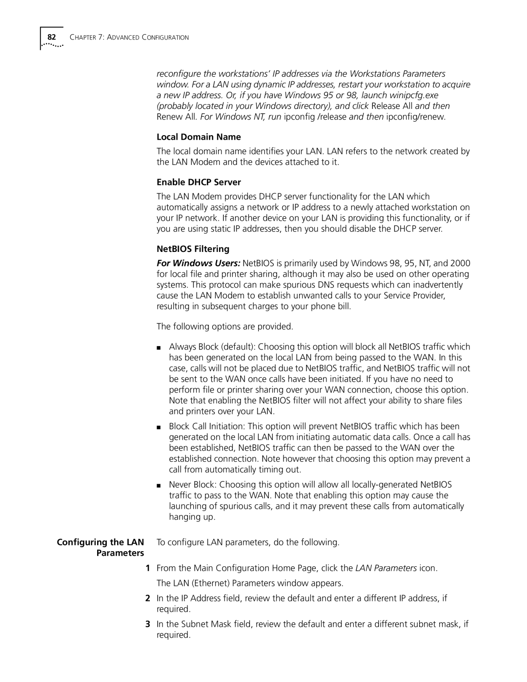 3Com Dual 56K manual Local Domain Name, Enable Dhcp Server, NetBIOS Filtering, Parameters 