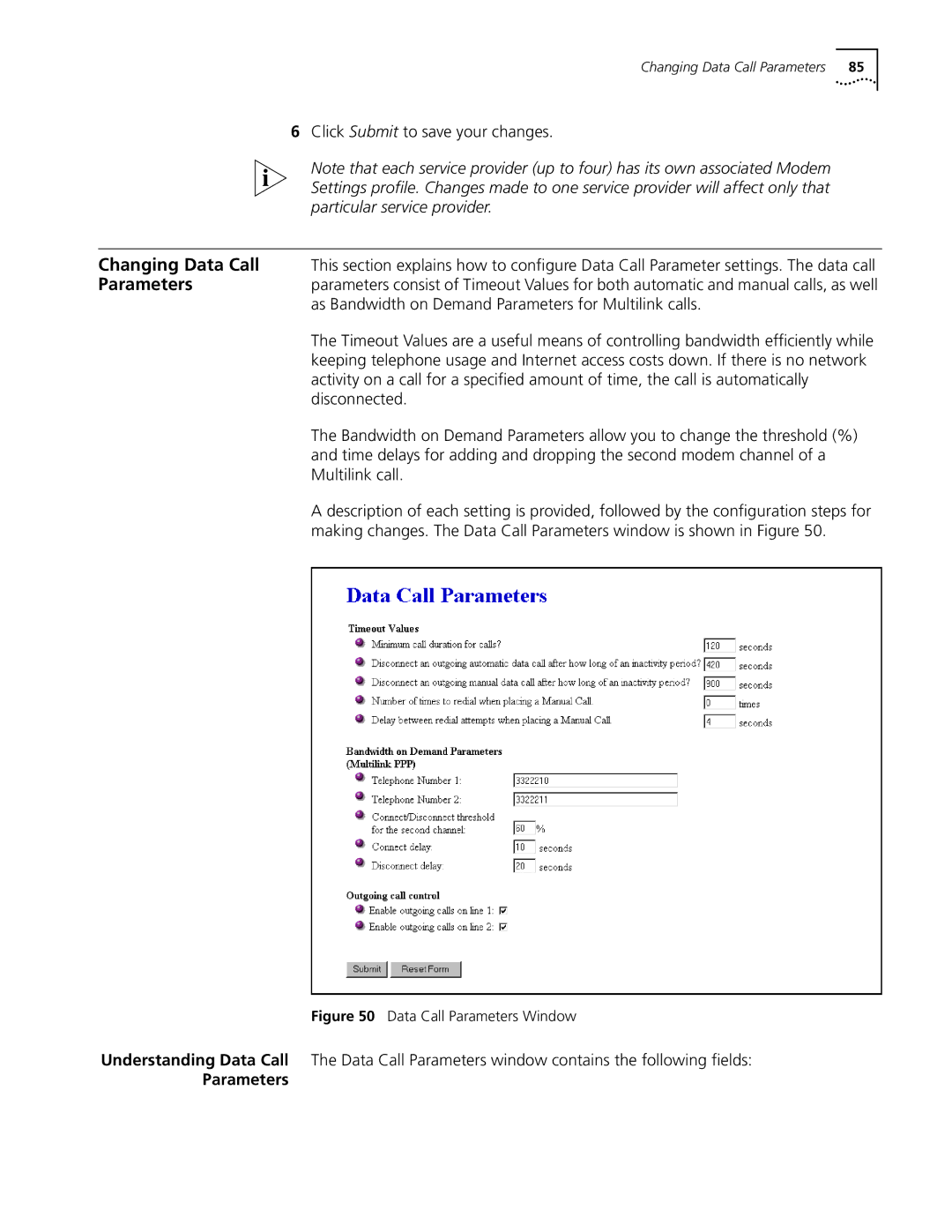 3Com Dual 56K manual Data Call Parameters Window 