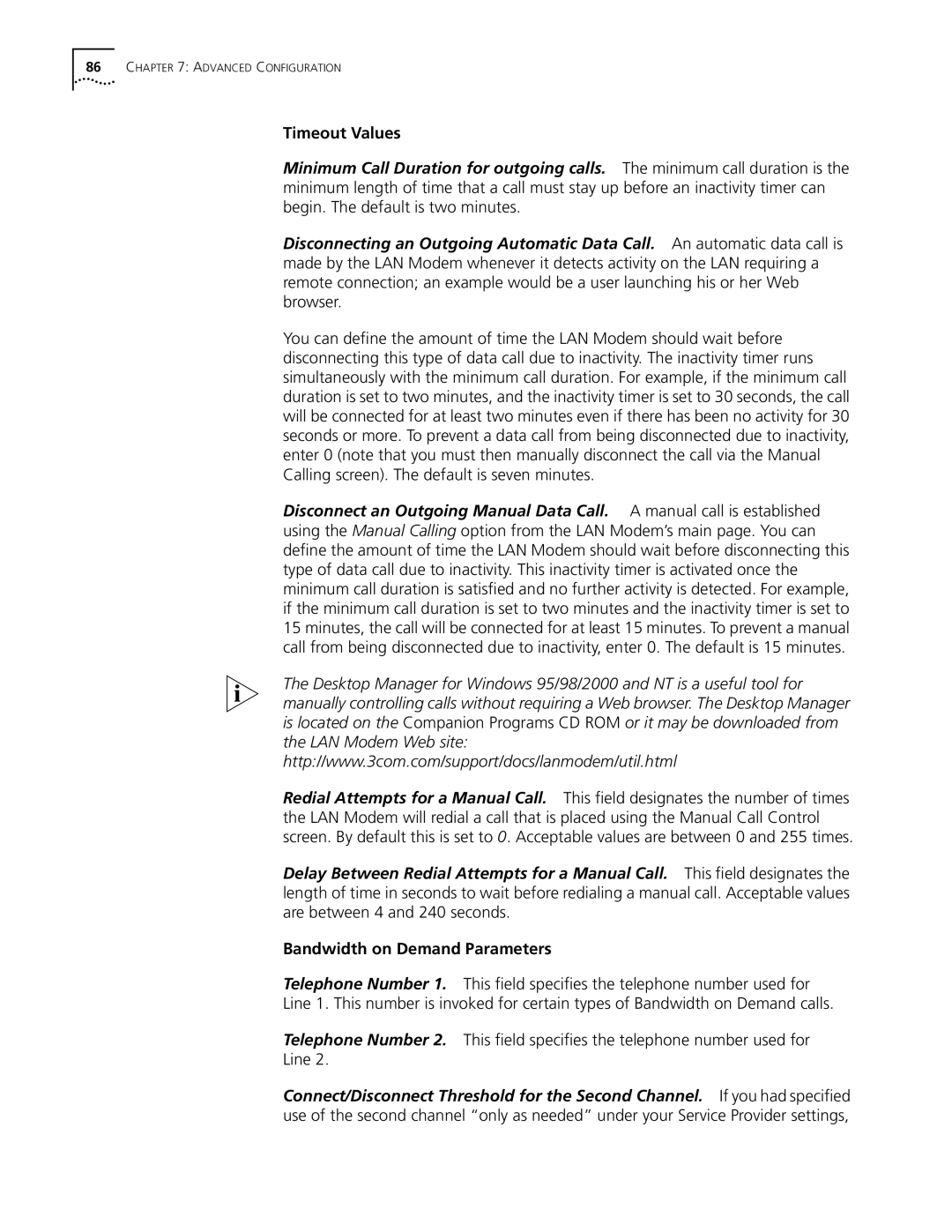 3Com Dual 56K manual Timeout Values, Bandwidth on Demand Parameters 