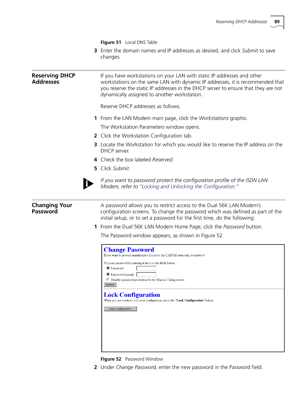 3Com Dual 56K manual Reserving Dhcp, Addresses, Changing Your, Password 