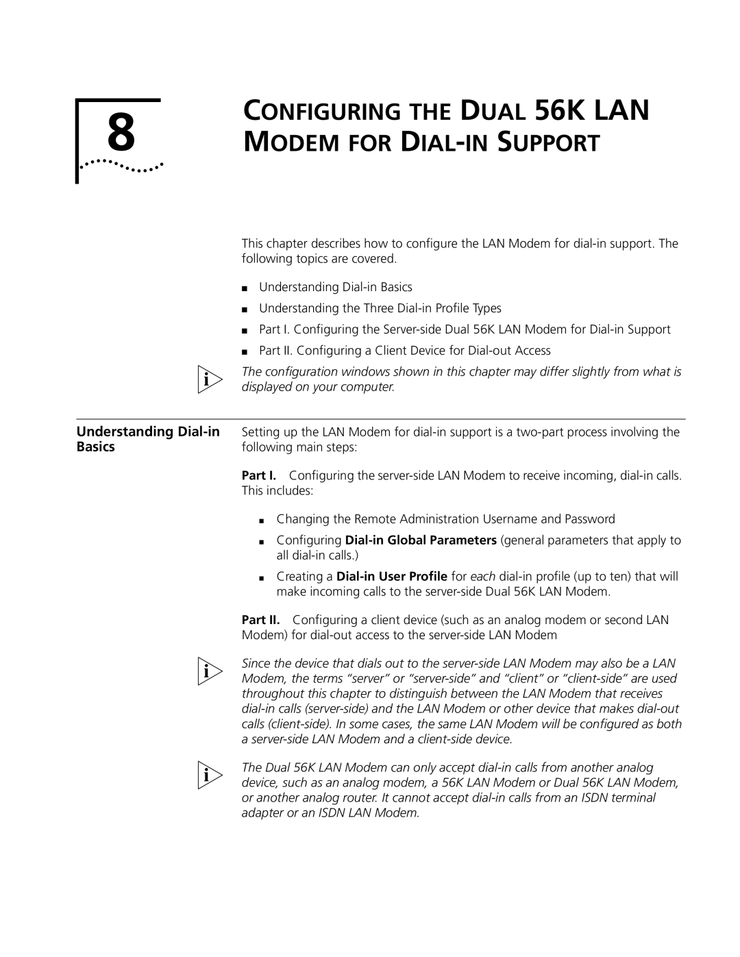 3Com Configuring the Dual 56K LAN Modem for DIAL-IN Support, Basics, Server-side LAN Modem and a client-side device 