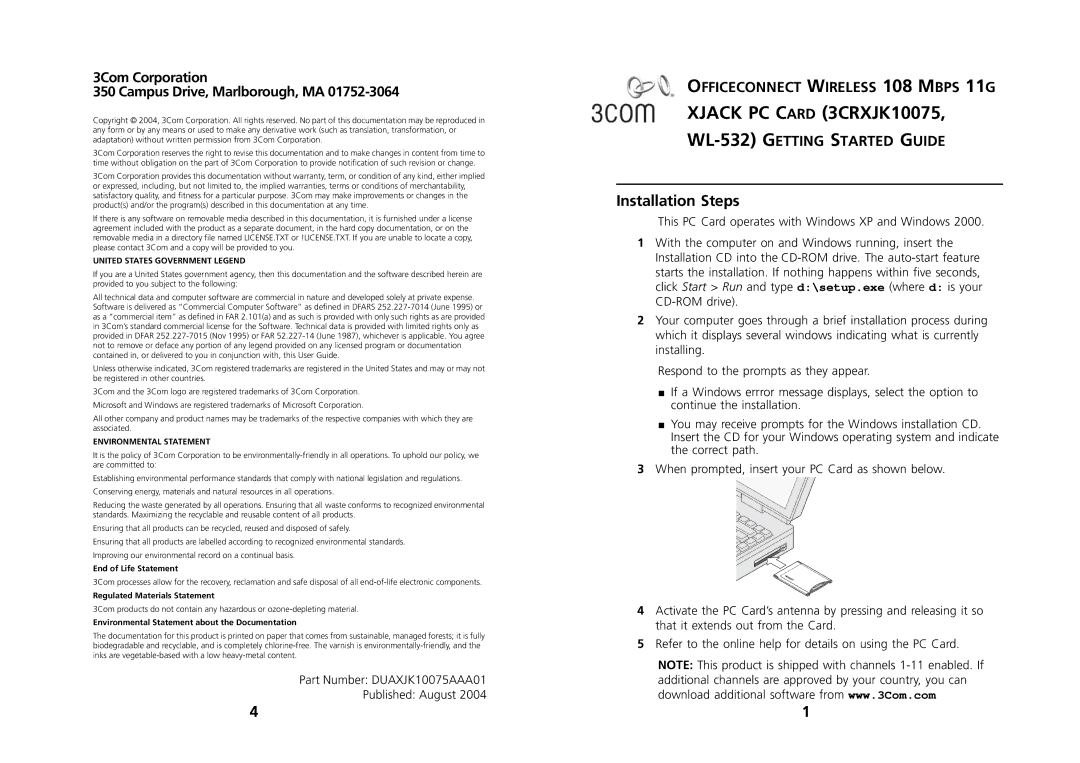 3Com DUAXJK10075AAA01 warranty Installation Steps, United States Government Legend, Environmental Statement 