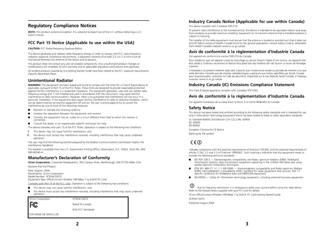 3Com DUAXJK10075AAA01 warranty Regulatory Compliance Notices 