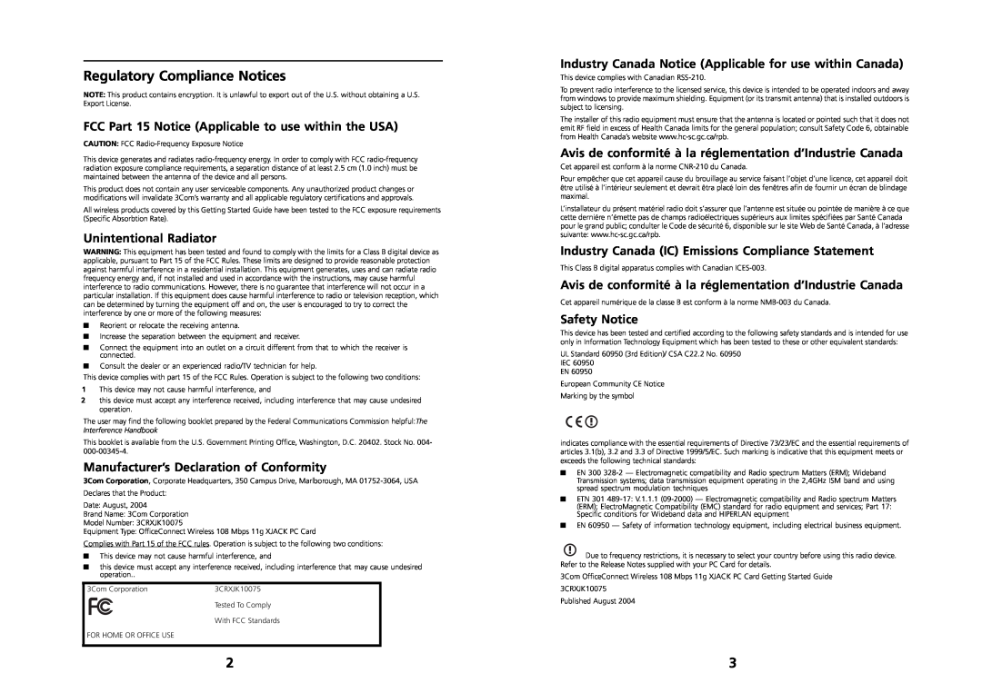 3Com DUAXJK10075AAA01 Regulatory Compliance Notices, FCC Part 15 Notice Applicable to use within the USA, Safety Notice 