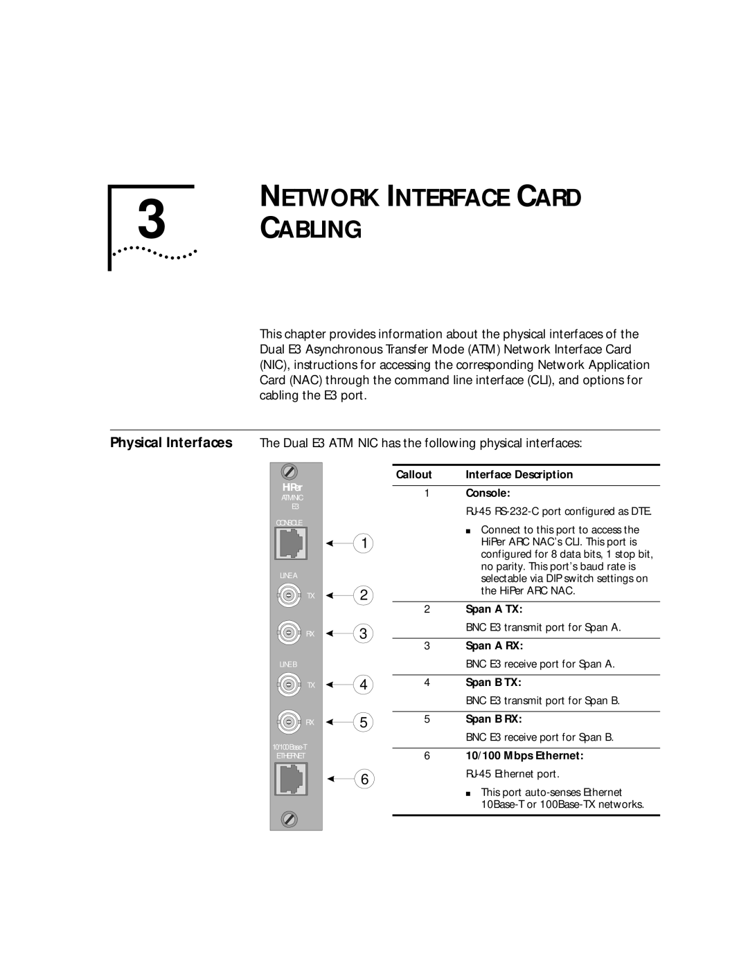 3Com E3 manual Network Interface Card Cabling, Console 