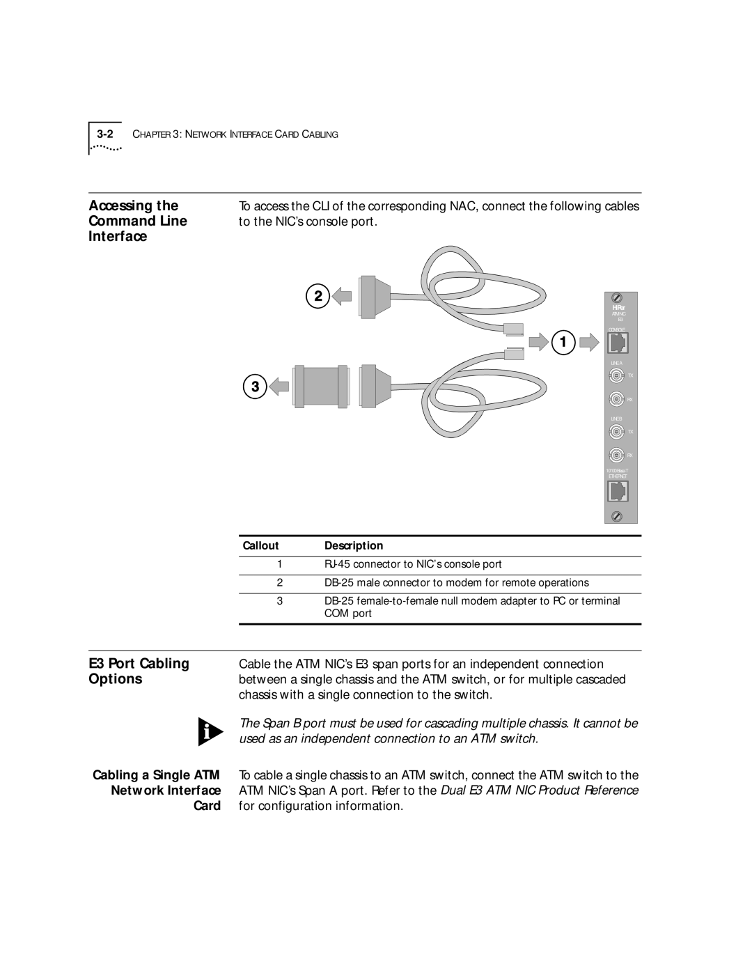 3Com manual Accessing Command Line Interface, E3 Port Cabling, Options, Network Interface, Card 