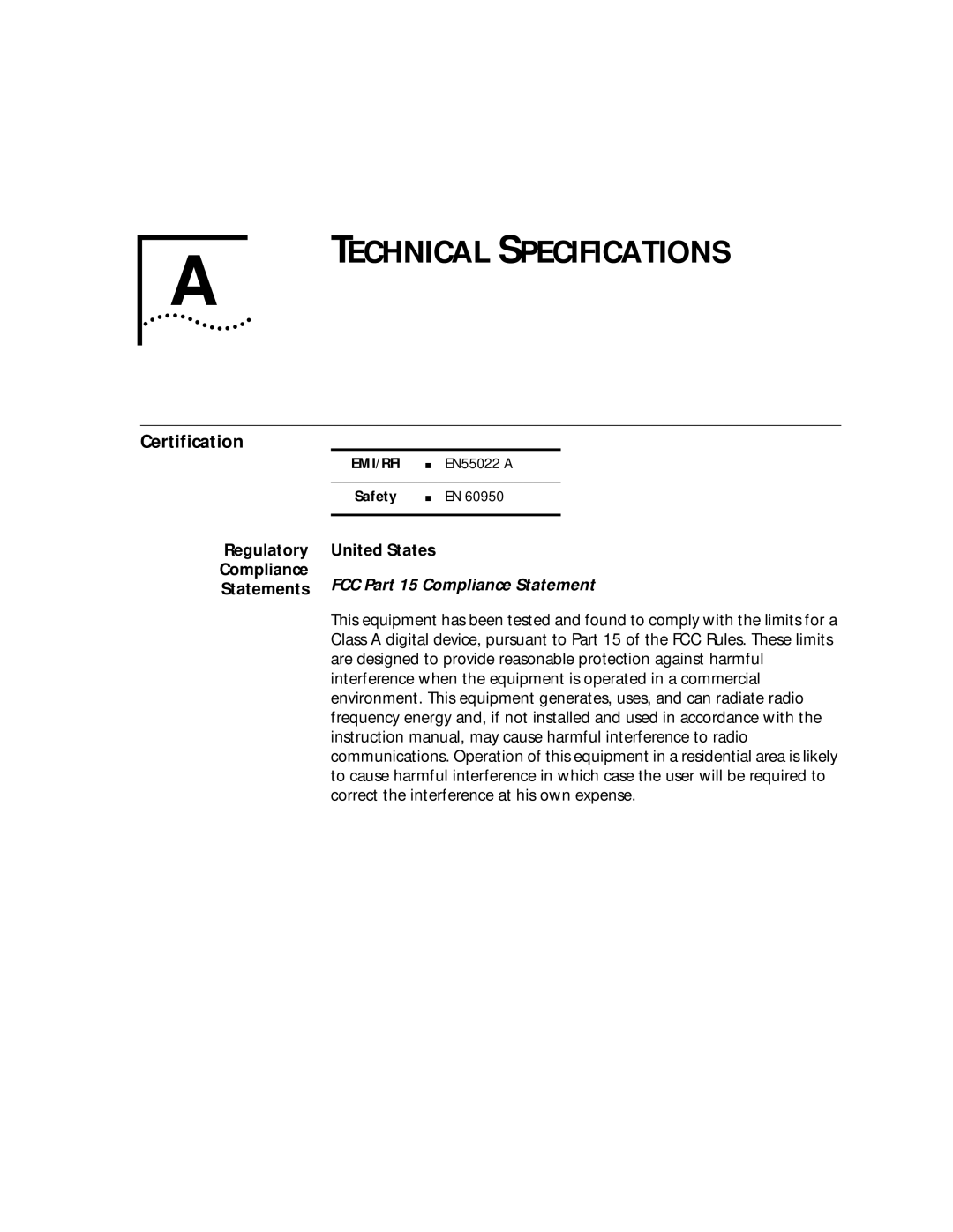 3Com E3 manual Technical Specifications, Certification, Regulatory United States 