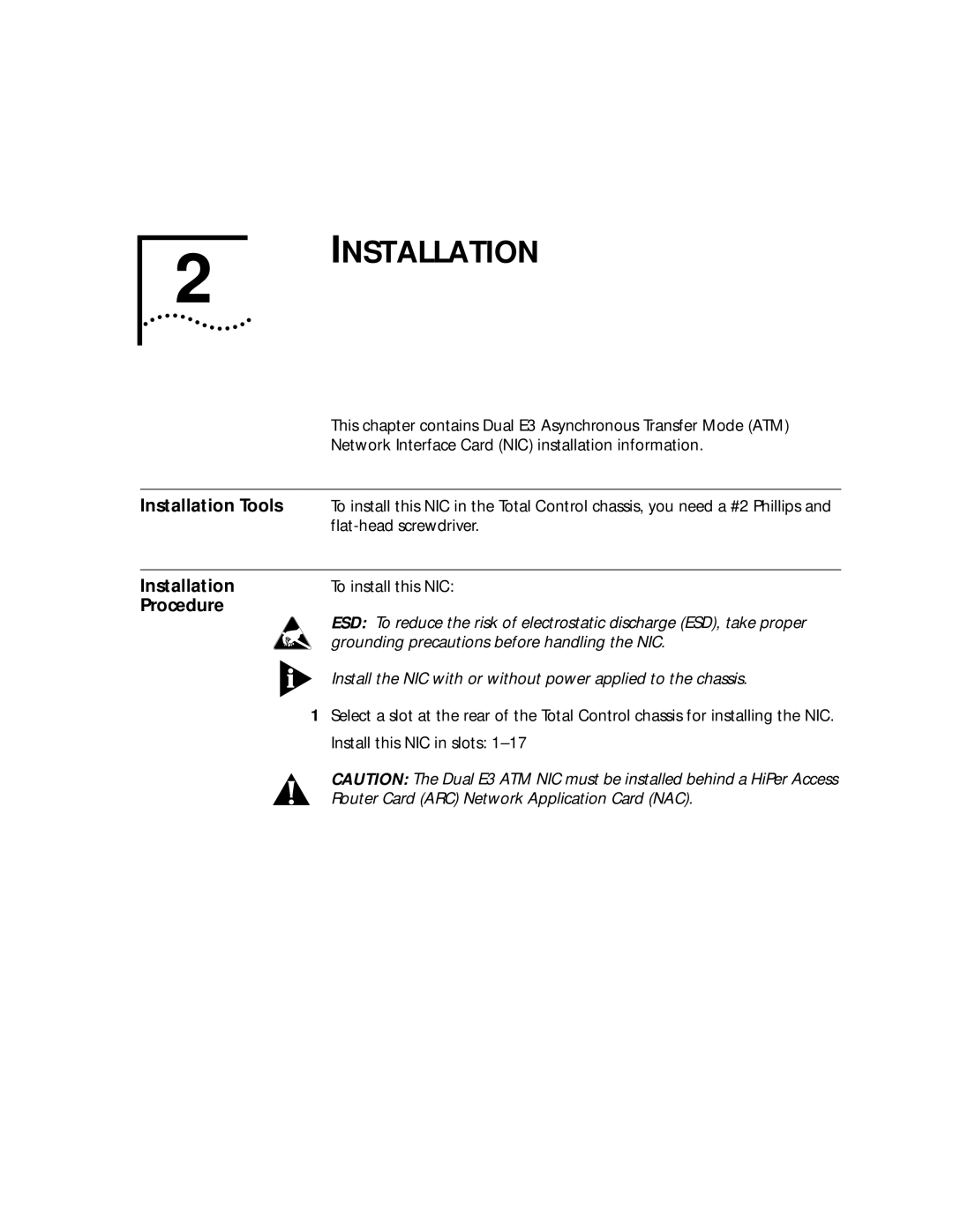 3Com E3 manual Installation Tools, Procedure 