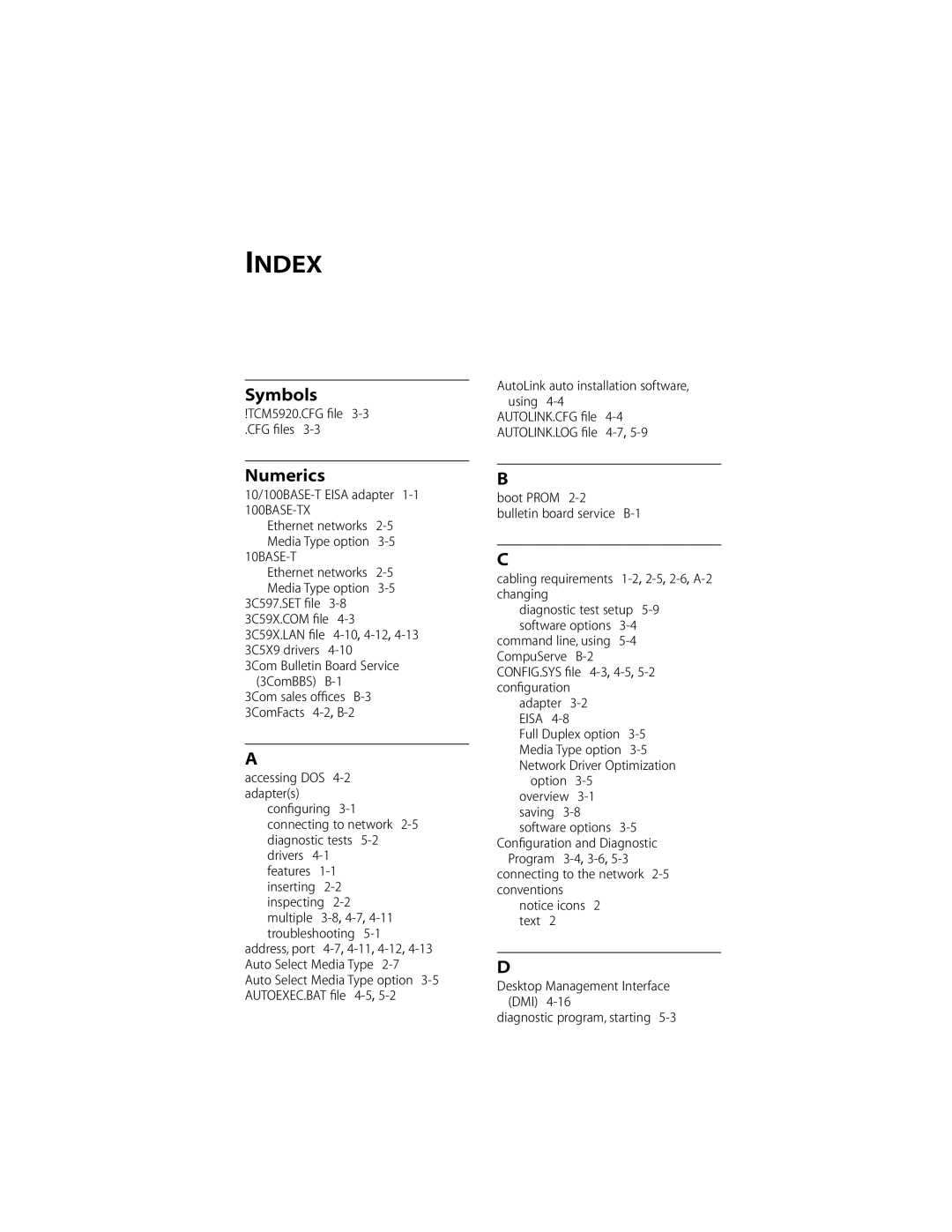 3Com EISA 10/100BASE-T manual Index, Symbols, Numerics 