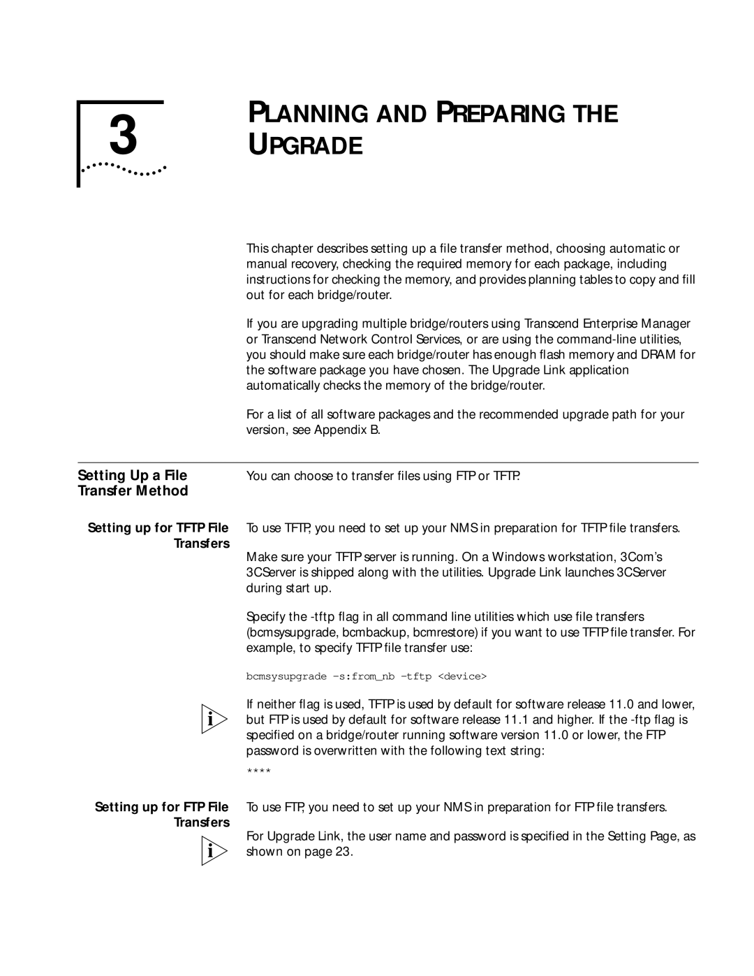 3Com ENTERPRISE OS 11.3 manual Planning and Preparing Upgrade, Setting Up a File, Transfer Method, Transfers 