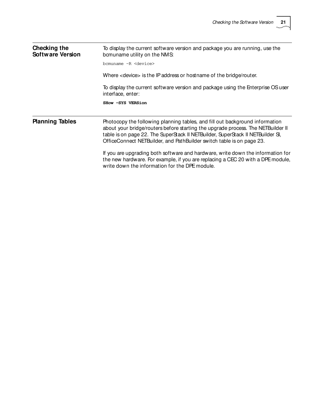 3Com ENTERPRISE OS 11.3 manual Checking, Software Version, Planning Tables 