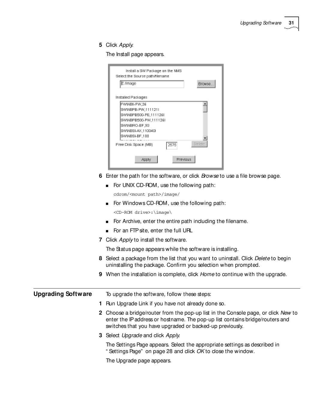 3Com ENTERPRISE OS 11.3 For Windows CD-ROM, use the following path, Select Upgrade and click Apply, Upgrade page appears 