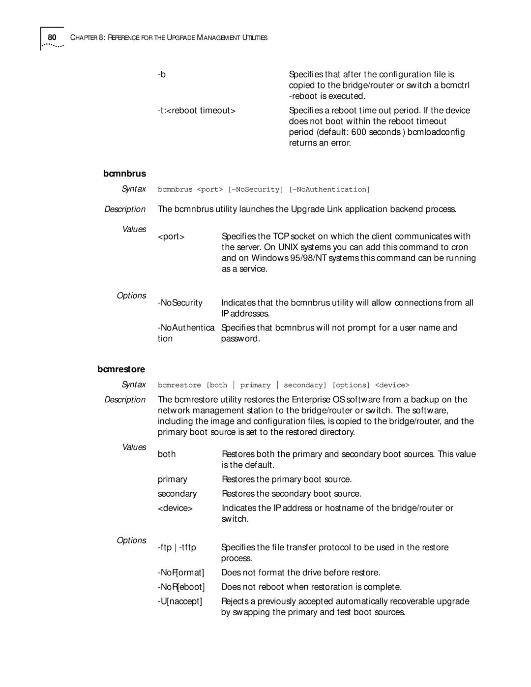3Com ENTERPRISE OS 11.3 manual Bcmnbrus, Bcmrestore 