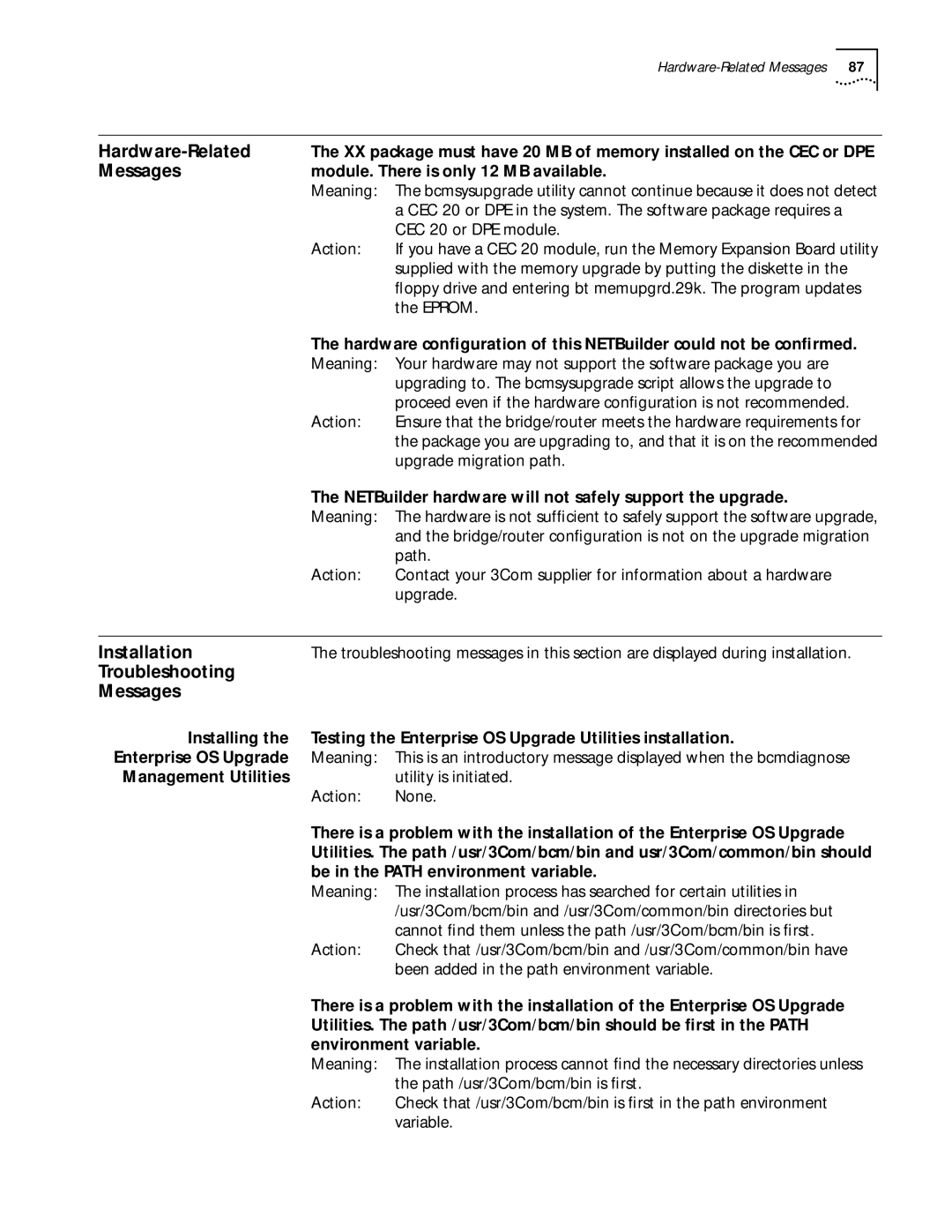 3Com ENTERPRISE OS 11.3 manual Hardware-Related, Installation, Troubleshooting Messages 