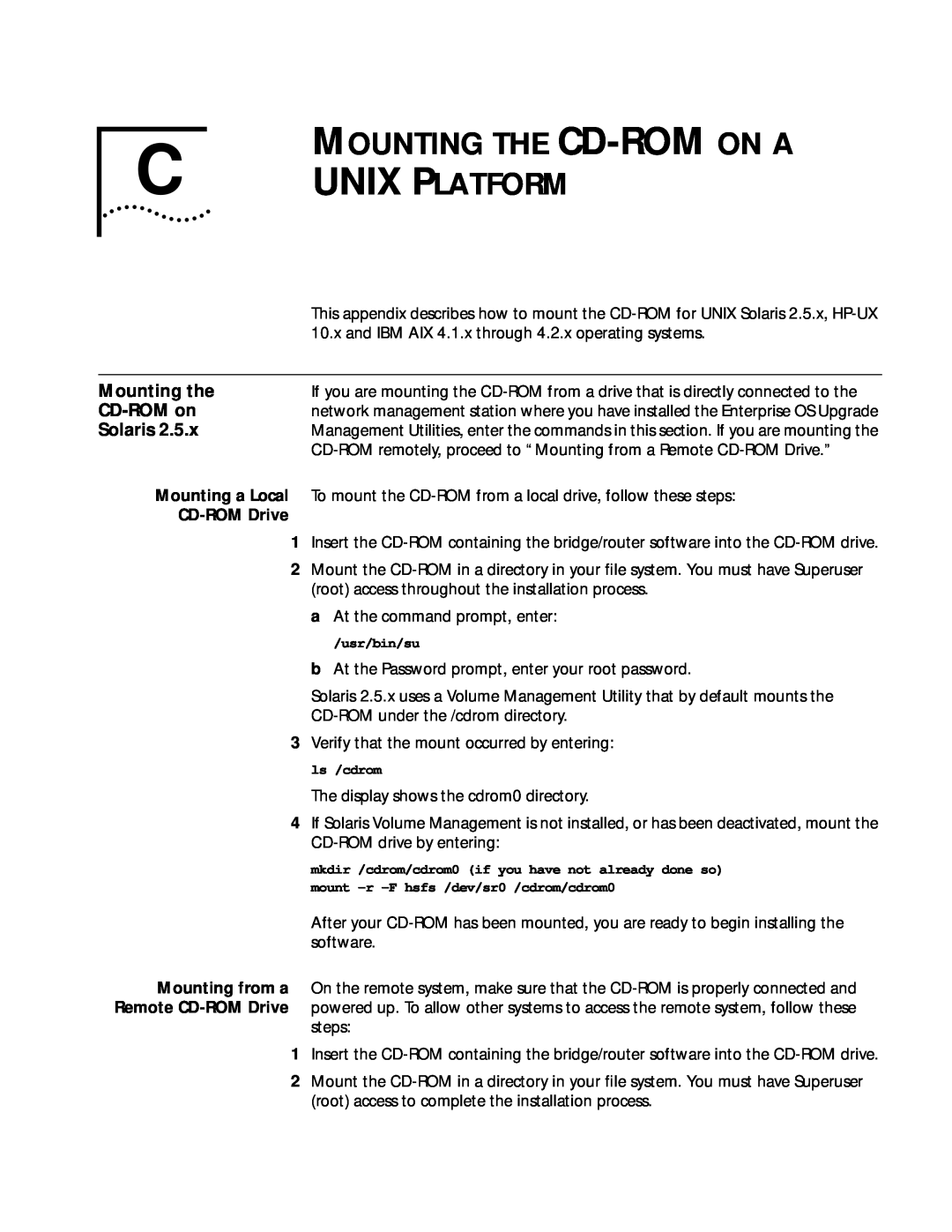 3Com ENTERPRISE OS 11.3 manual Mounting The Cd-Rom On A C Unix Platform, Mounting the, CD-ROM on, Solaris 