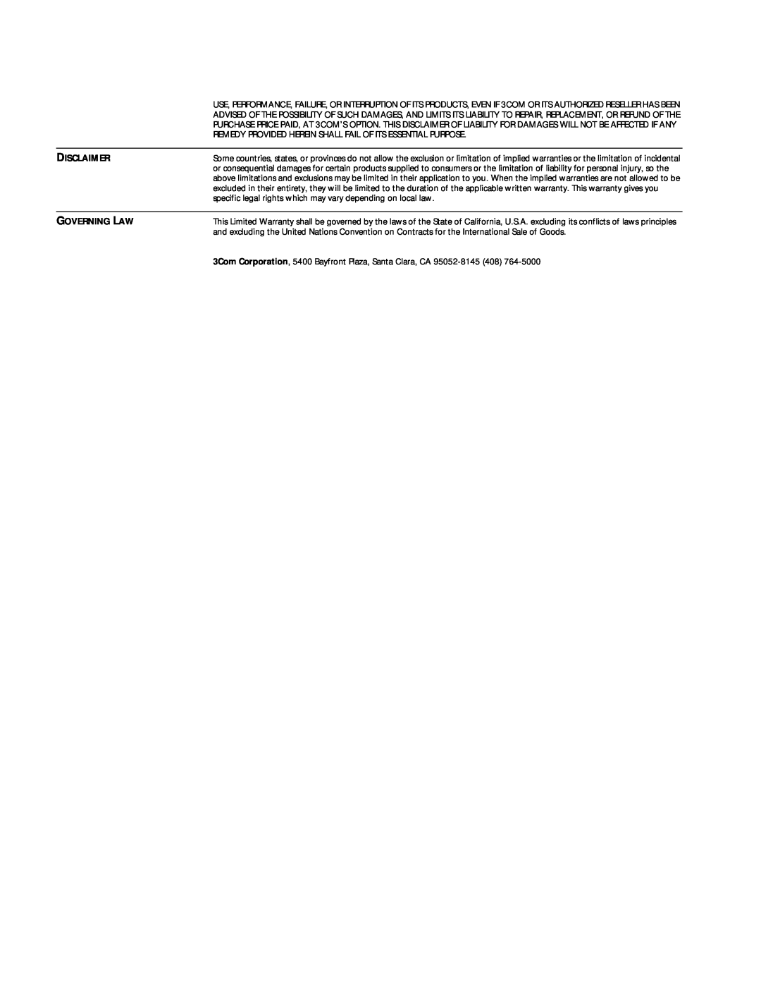 3Com ENTERPRISE OS 11.3 manual Disclaimer, Governing Law 