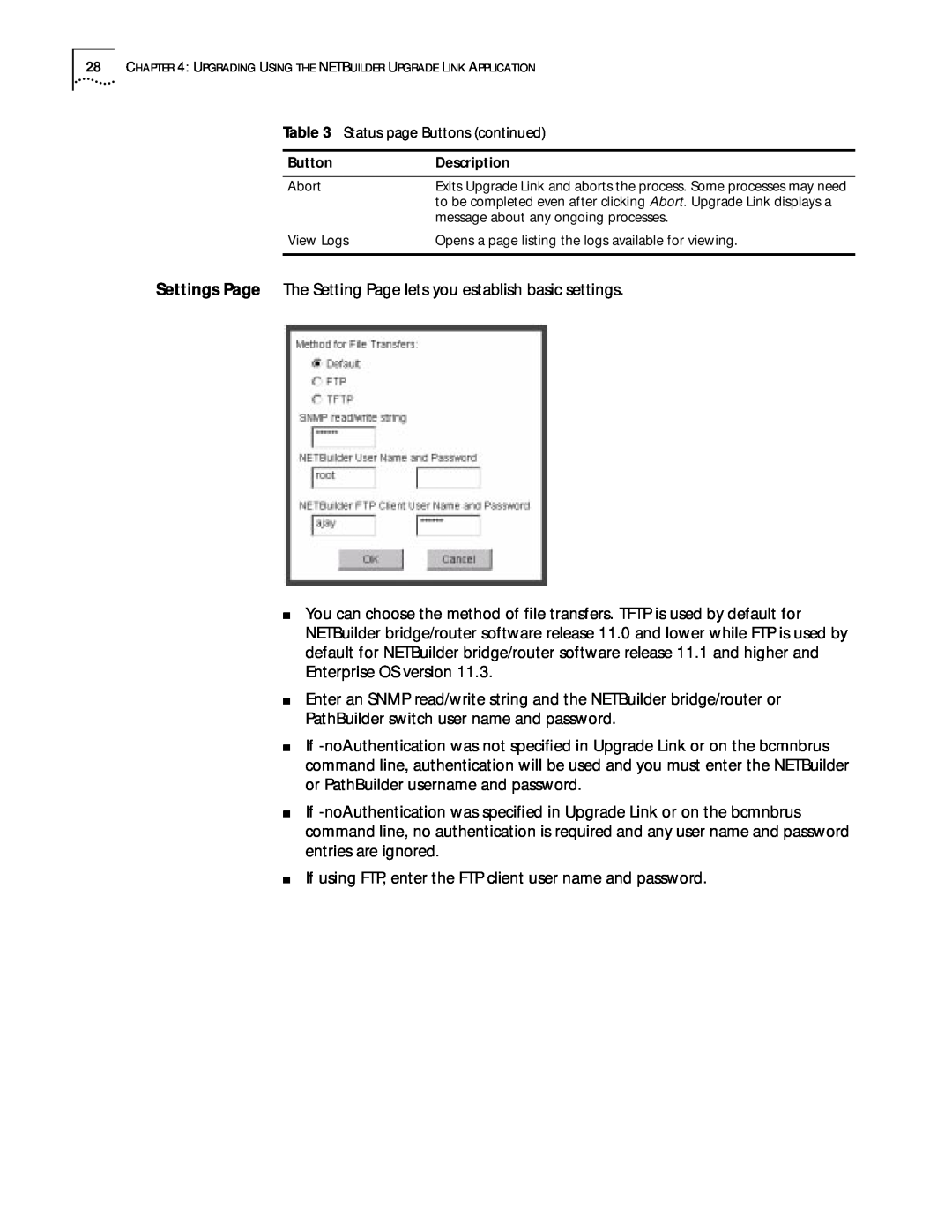 3Com ENTERPRISE OS 11.3 manual Settings Page The Setting Page lets you establish basic settings 