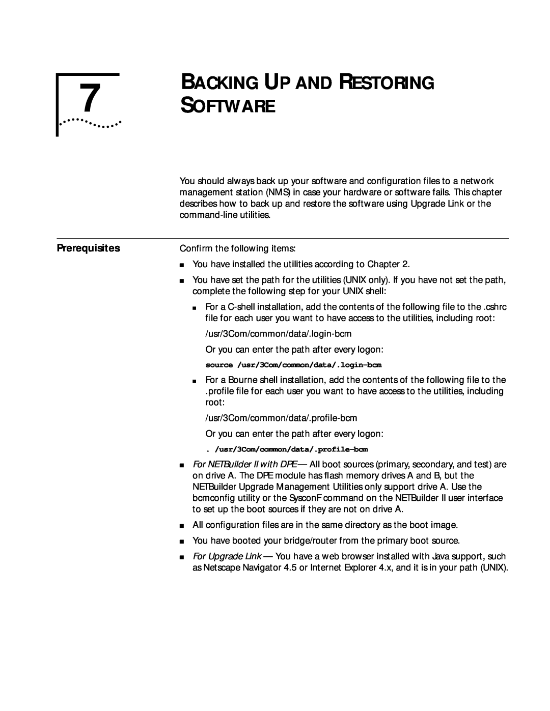 3Com ENTERPRISE OS 11.3 manual BACKING UP AND RESTORING 7 SOFTWARE, Prerequisites 