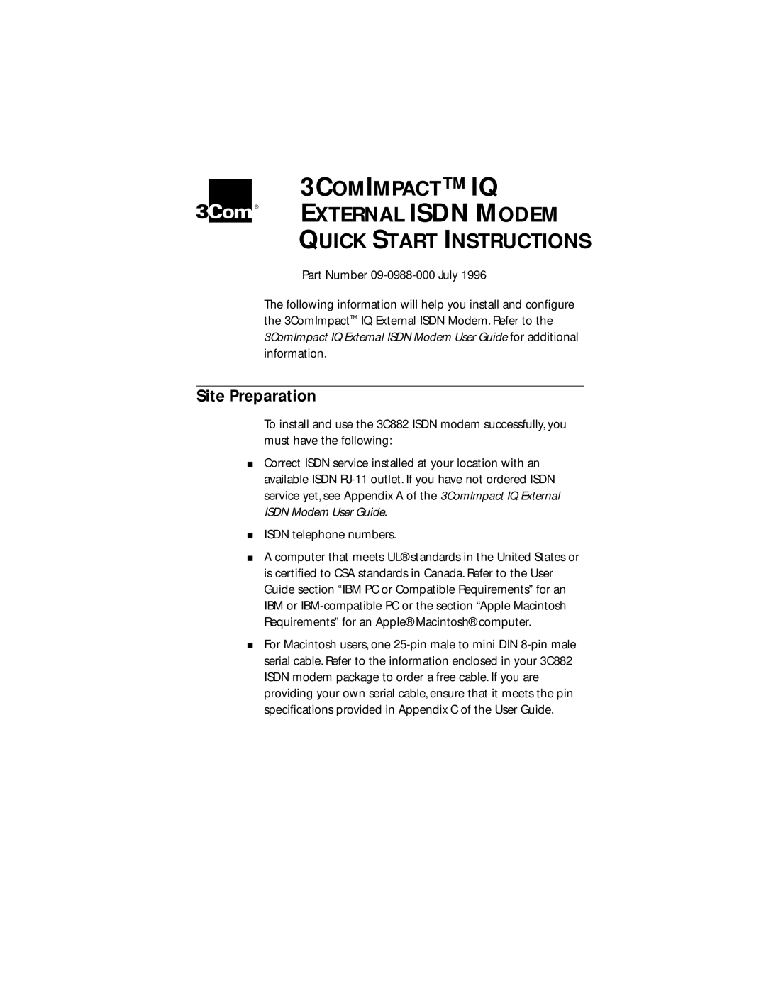 3Com External ISDN Modem quick start Site Preparation, Isdn telephone numbers 