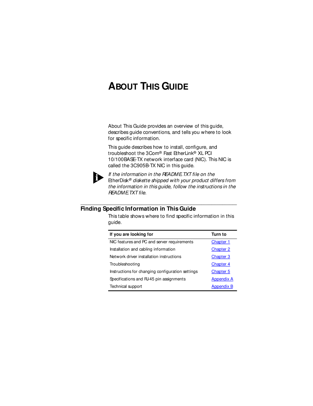 3Com Fast EtherLink XL PCI 10/100BASE-TX manual About this Guide, Finding Speciﬁc Information in This Guide 