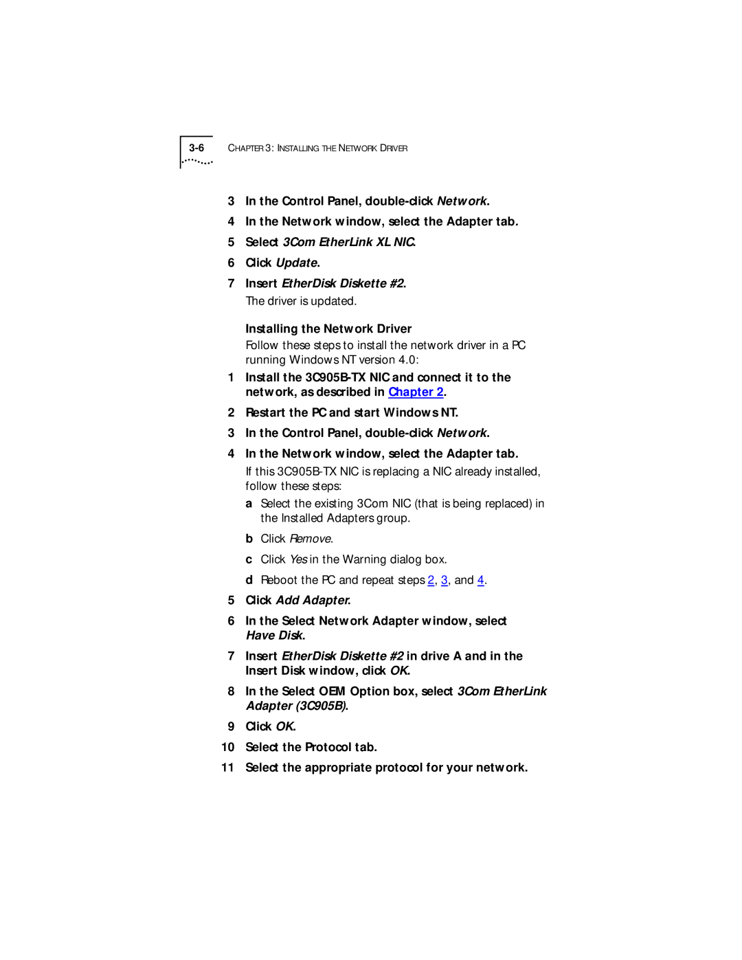 3Com Fast EtherLink XL PCI 10/100BASE-TX manual Click Update, Installing the Network Driver 