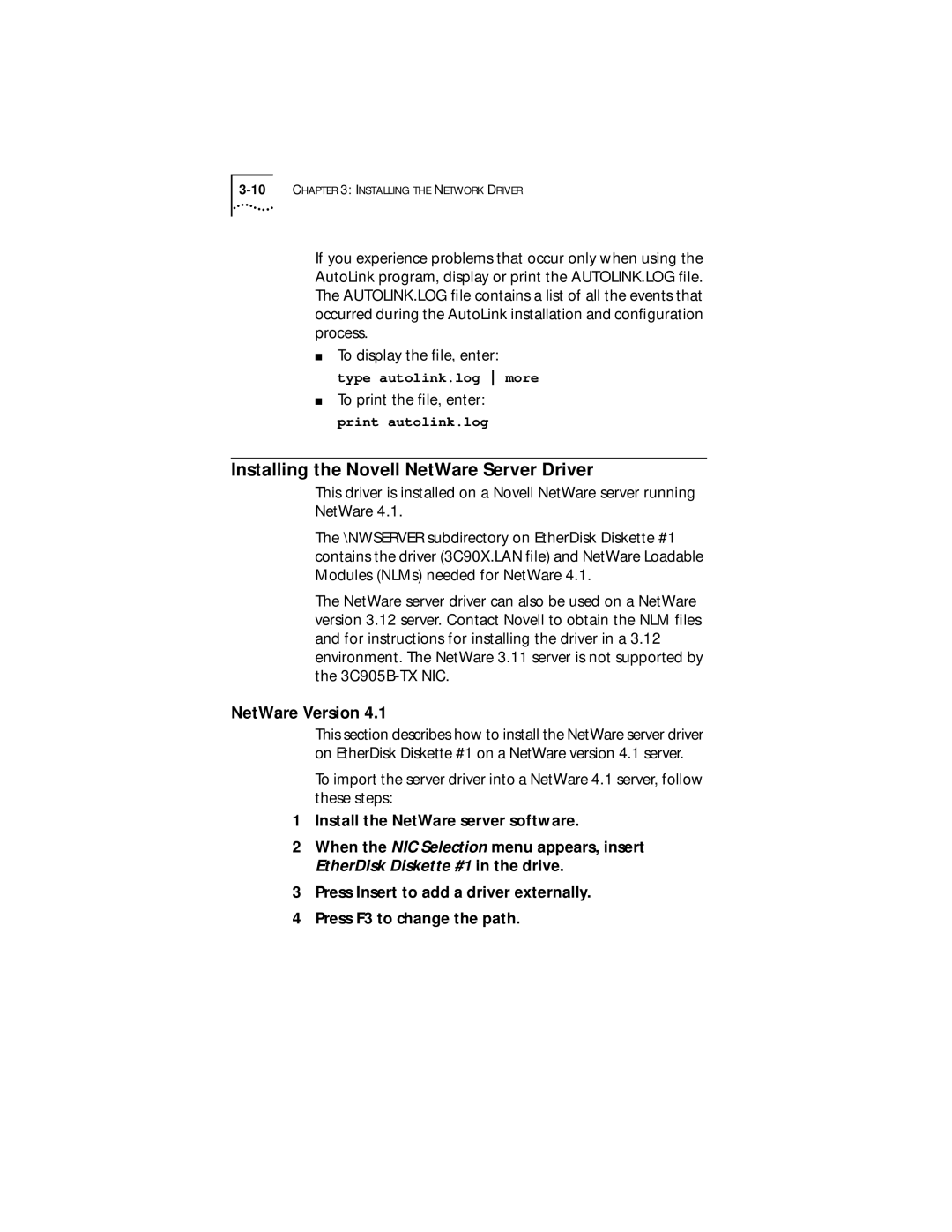 3Com Fast EtherLink XL PCI 10/100BASE-TX manual Installing the Novell NetWare Server Driver, NetWare Version 