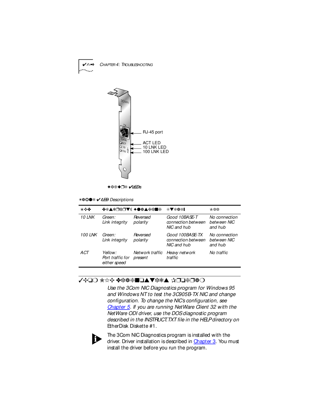 3Com Fast EtherLink XL PCI 10/100BASE-TX manual 3Com NIC Diagnostics Program, Description Flashing Steady Off 