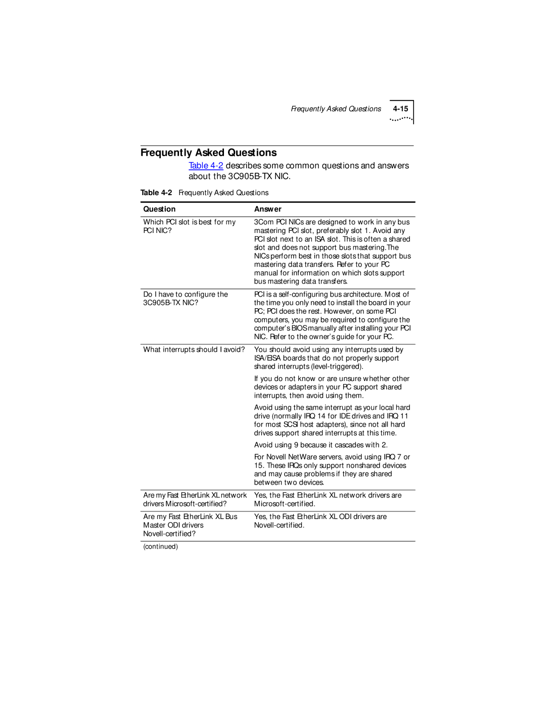 3Com Fast EtherLink XL PCI 10/100BASE-TX manual Frequently Asked Questions, Question Answer 