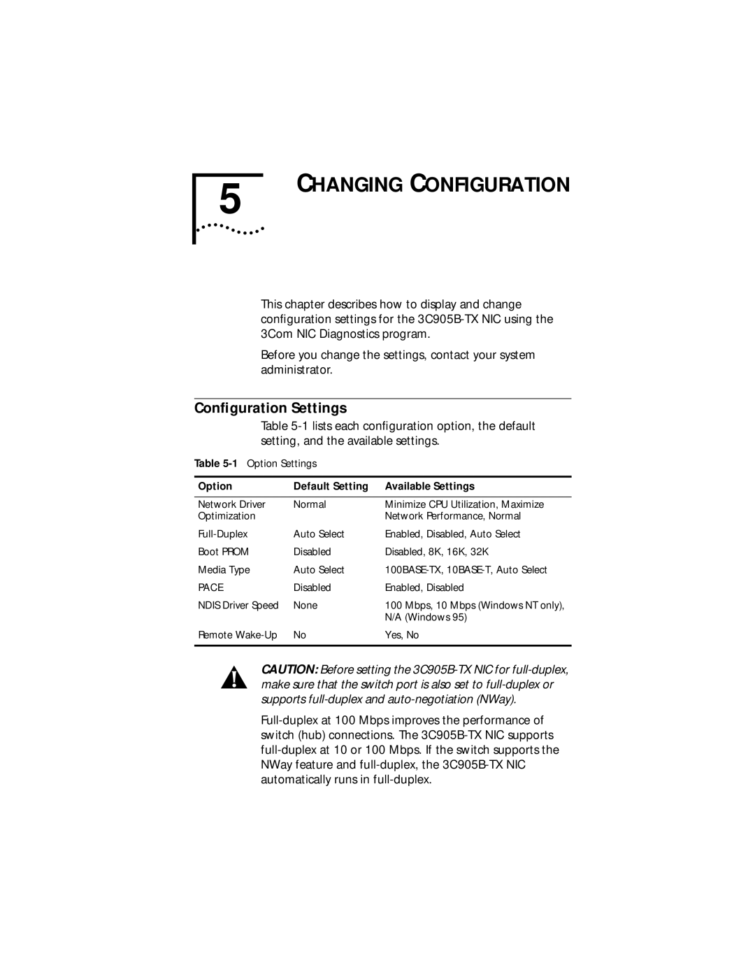 3Com Fast EtherLink XL PCI 10/100BASE-TX manual Changing Configuration, Conﬁguration Settings 