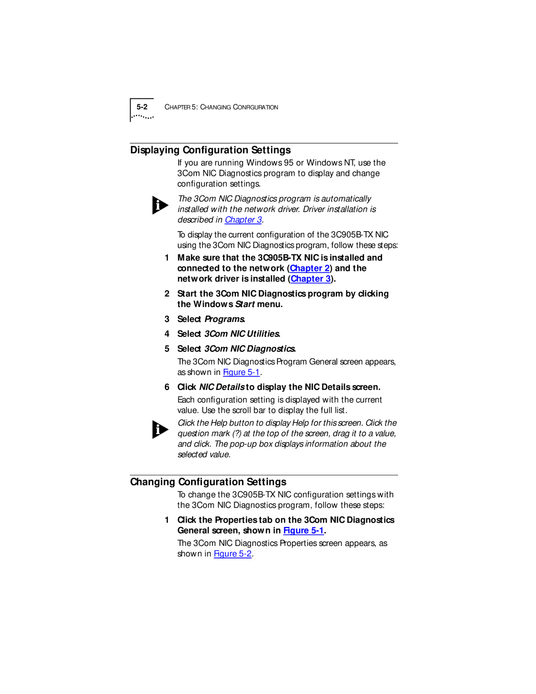 3Com Fast EtherLink XL PCI 10/100BASE-TX manual Displaying Conﬁguration Settings, Changing Conﬁguration Settings 