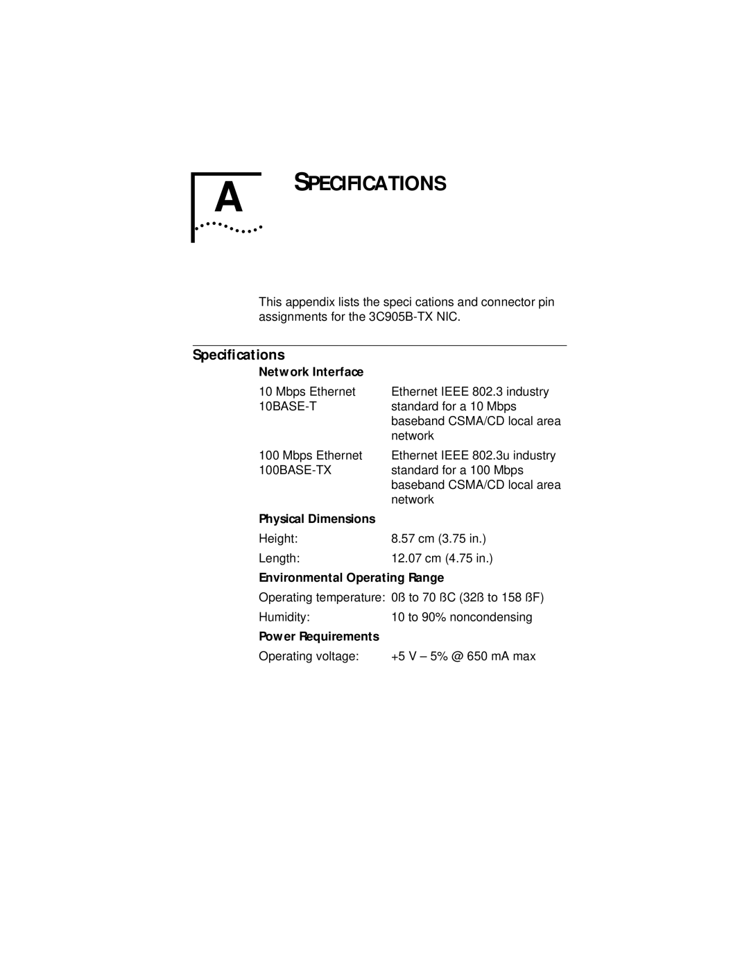 3Com Fast EtherLink XL PCI 10/100BASE-TX manual Specifications, Speciﬁcations 