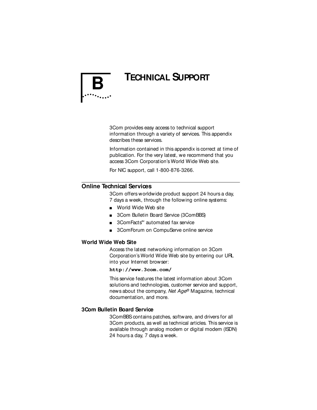 3Com Fast EtherLink XL PCI 10/100BASE-TX manual Online Technical Services, World Wide Web Site, 3Com Bulletin Board Service 