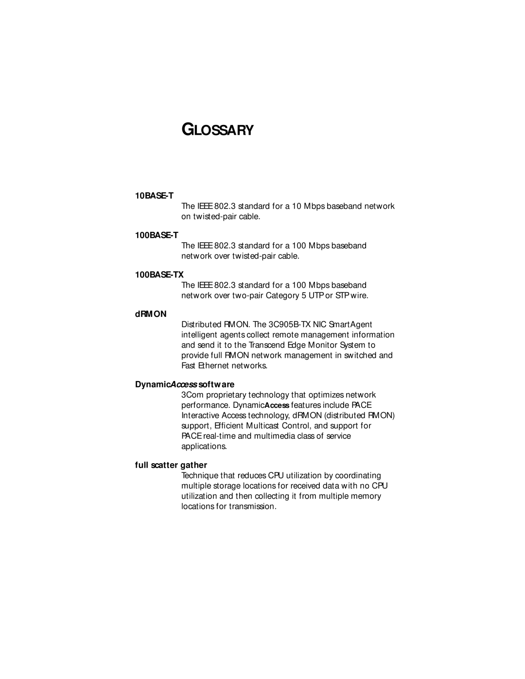 3Com Fast EtherLink XL PCI 10/100BASE-TX manual Glossary, Drmon, DynamicAccess software, Full scatter gather 