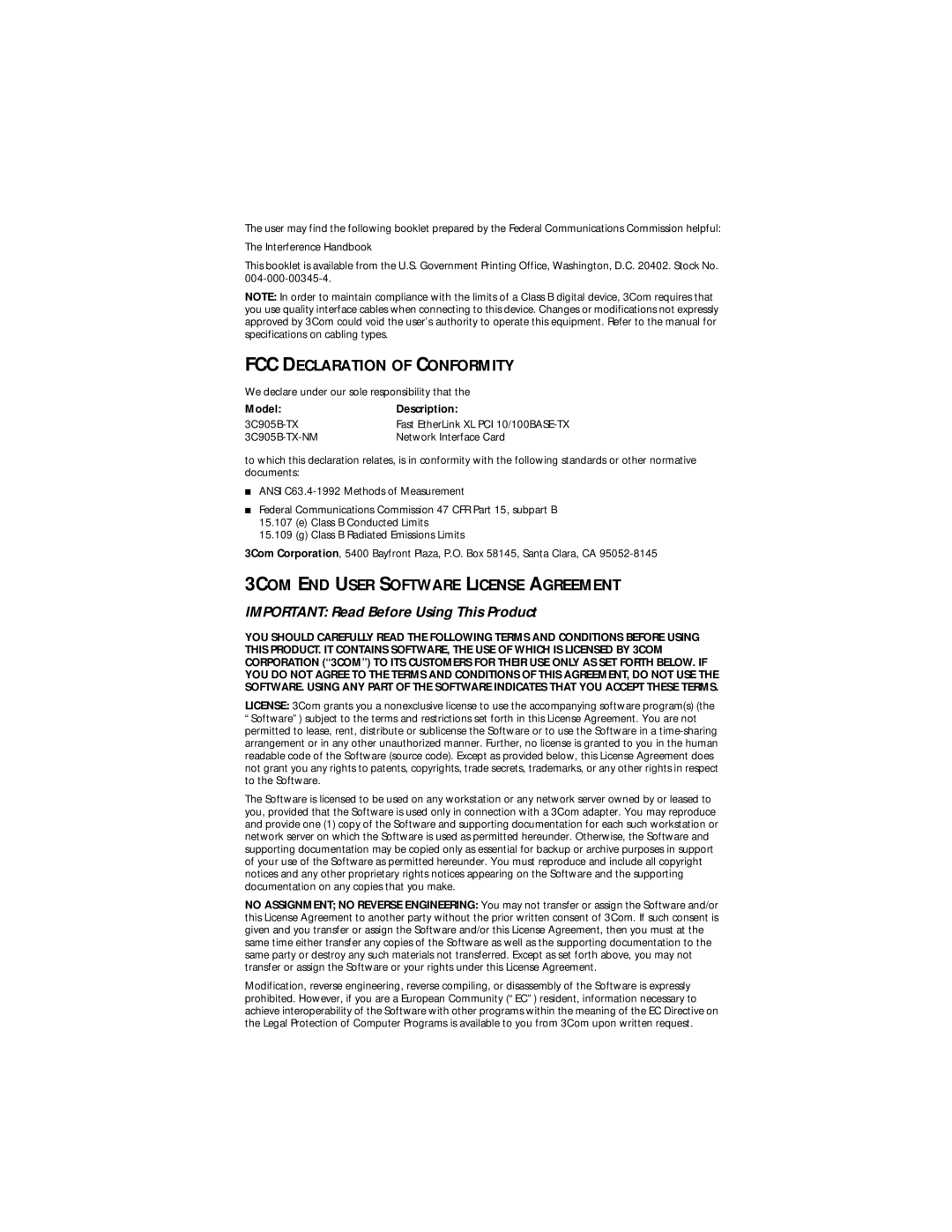 3Com Fast EtherLink XL PCI 10/100BASE-TX manual FCC Declaration of Conformity 