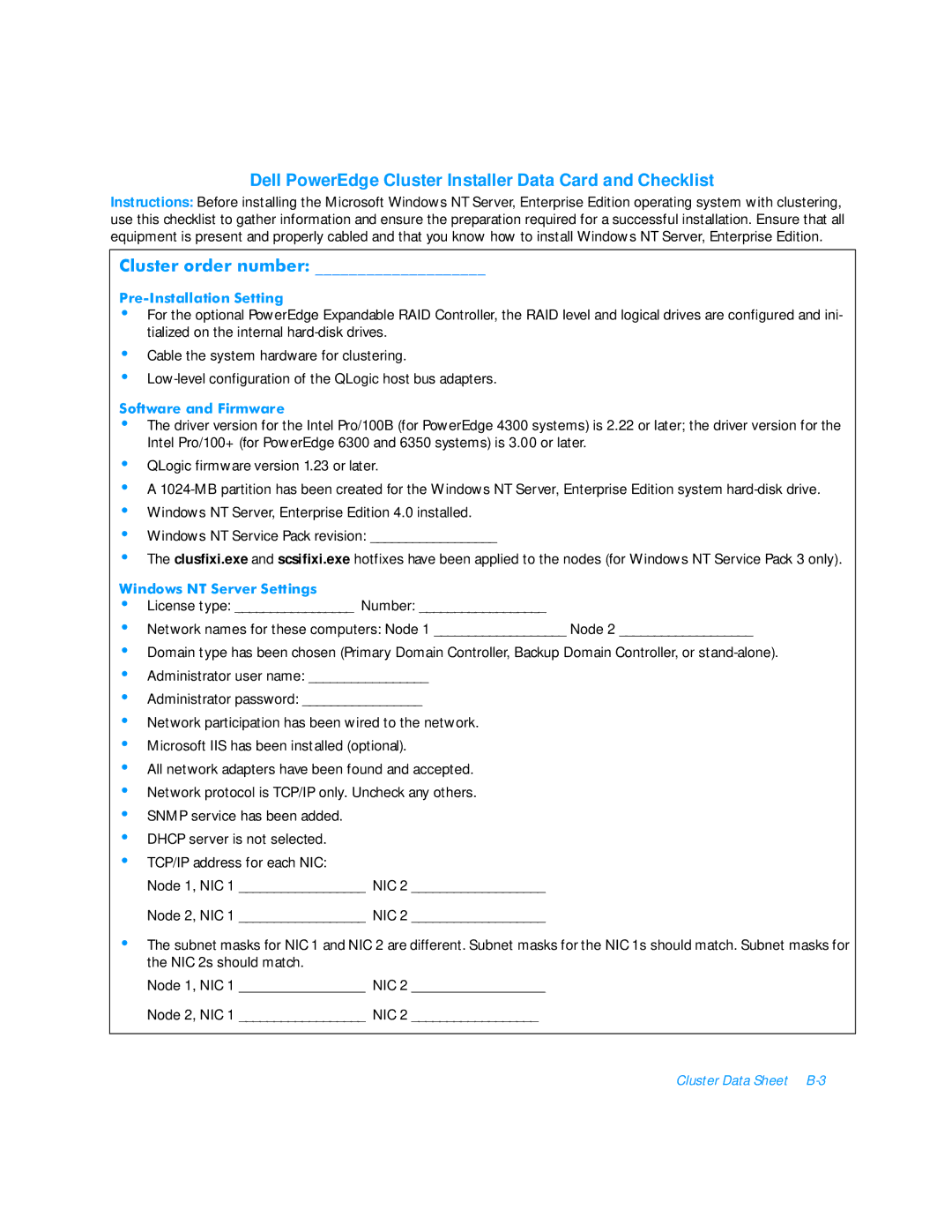 3Com FE100 manual Dell PowerEdge Cluster Installer Data Card and Checklist 